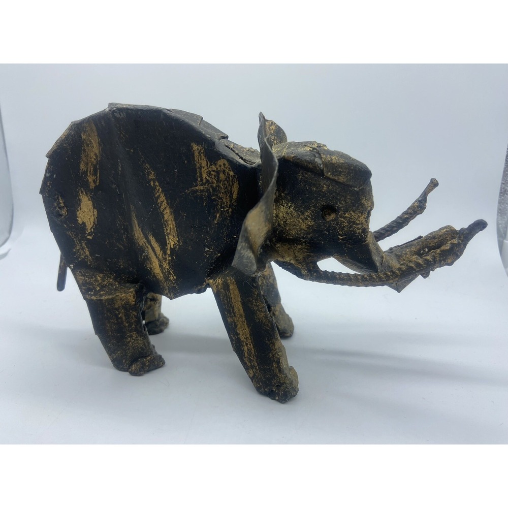 Scrap Metal Art Sculpture Elephant Black Gold Jungle African Decor Office